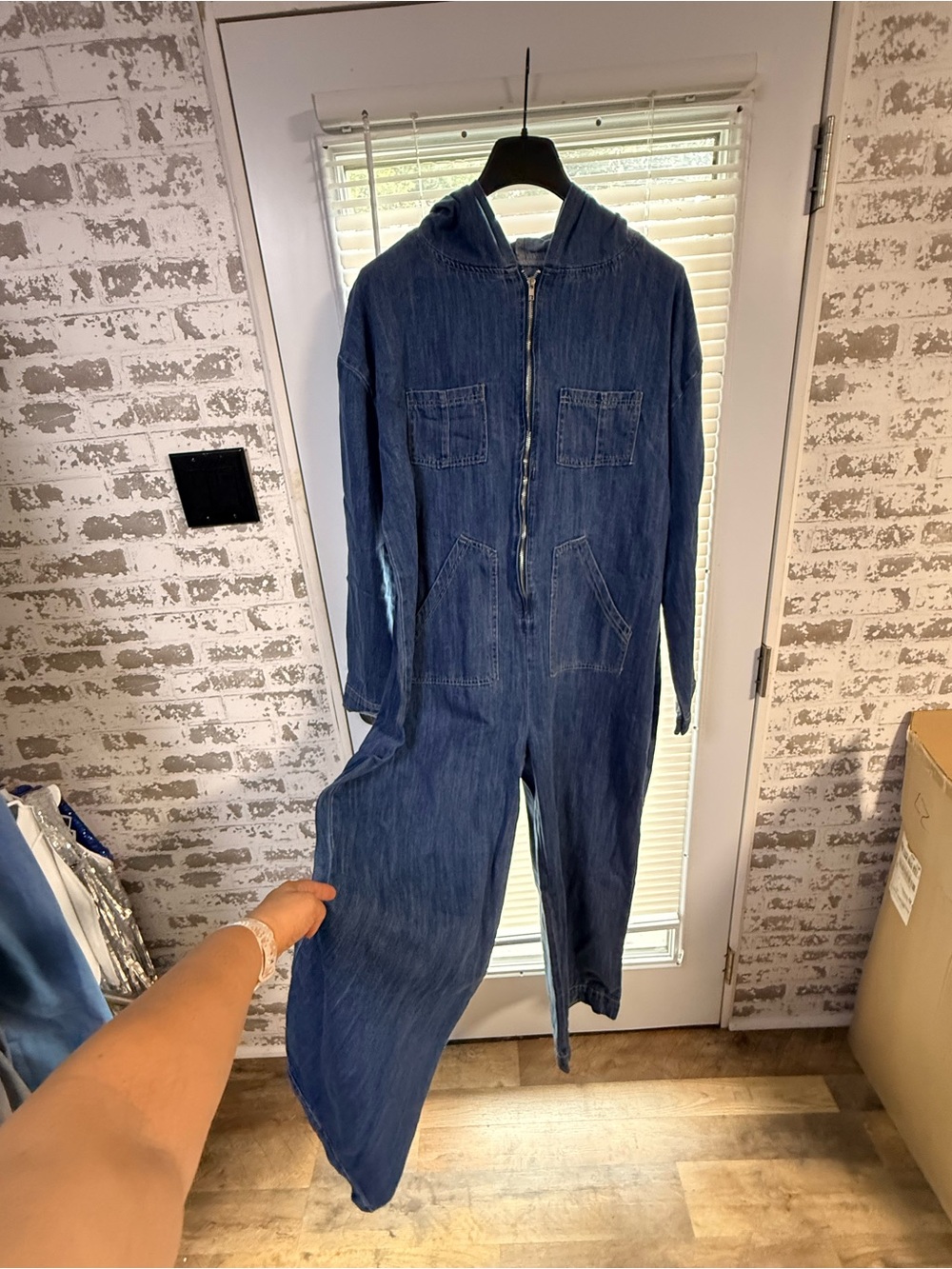 Denim Hooded Zip-Front Jumpsuit in Deep Blue - Picture 5 of 10